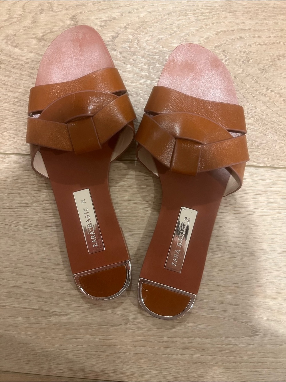 Zara Tan Braided Leather Slide Sandals